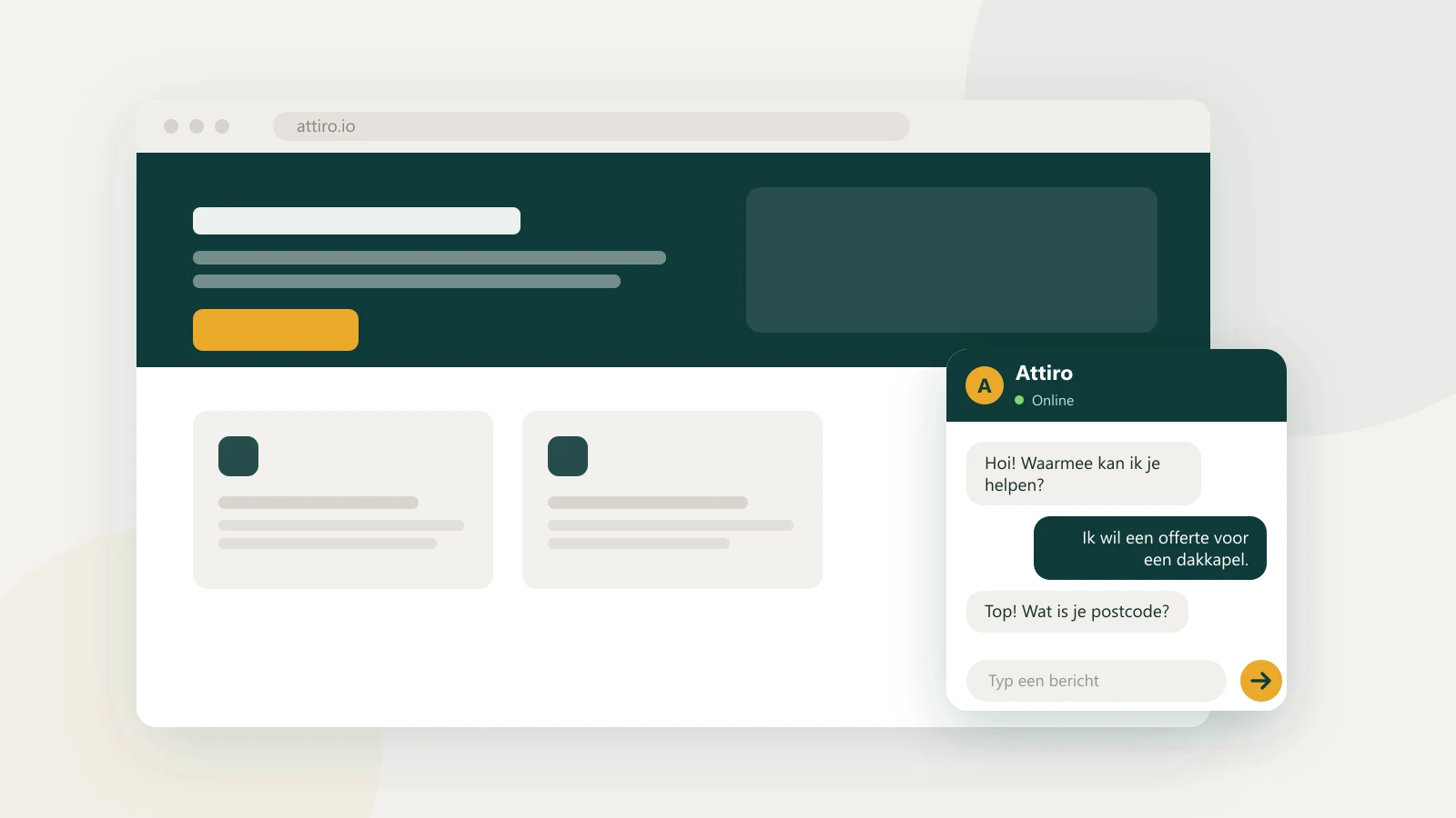 Website met de Attiro-chatwidget open waarin een bezoeker over een offerte chat