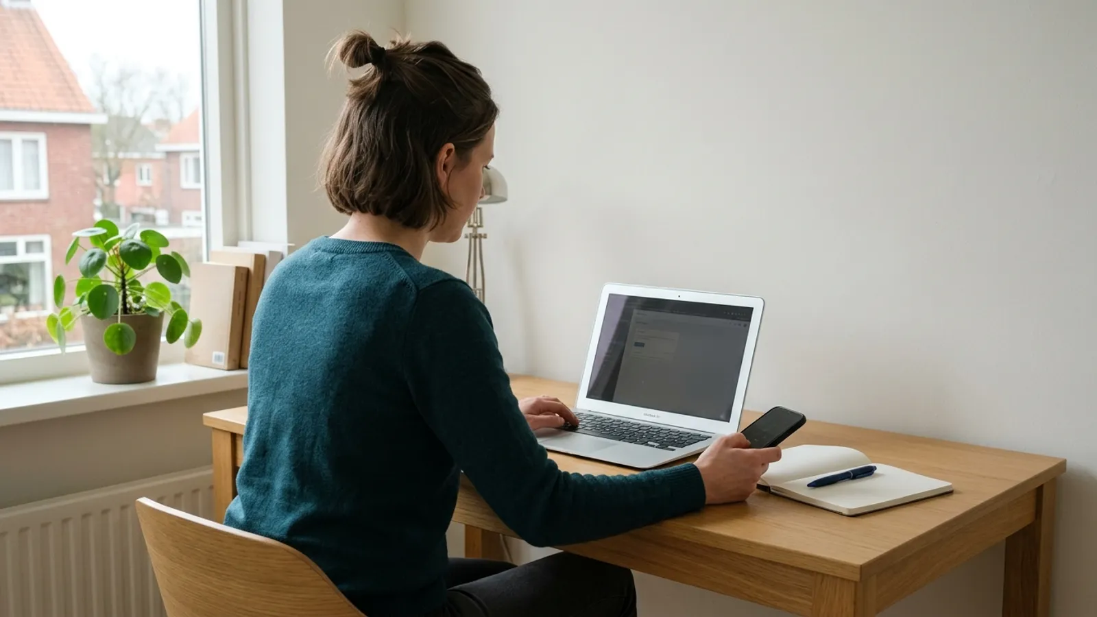 Iemand handelt klantvragen af op een laptop met de telefoon in de hand