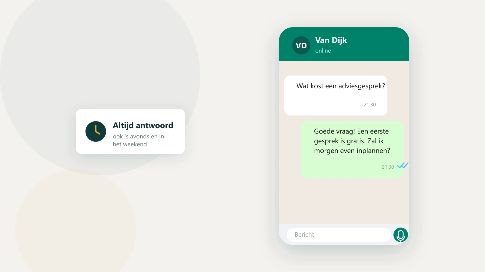 WhatsApp-gesprek met een automatisch antwoord op een vraag die om 21:30 binnenkomt